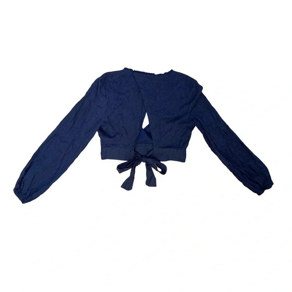 Style Rack Tie Back Wrap Top | Navy Blue Pinstripe | Size S - Picture 2 of 4